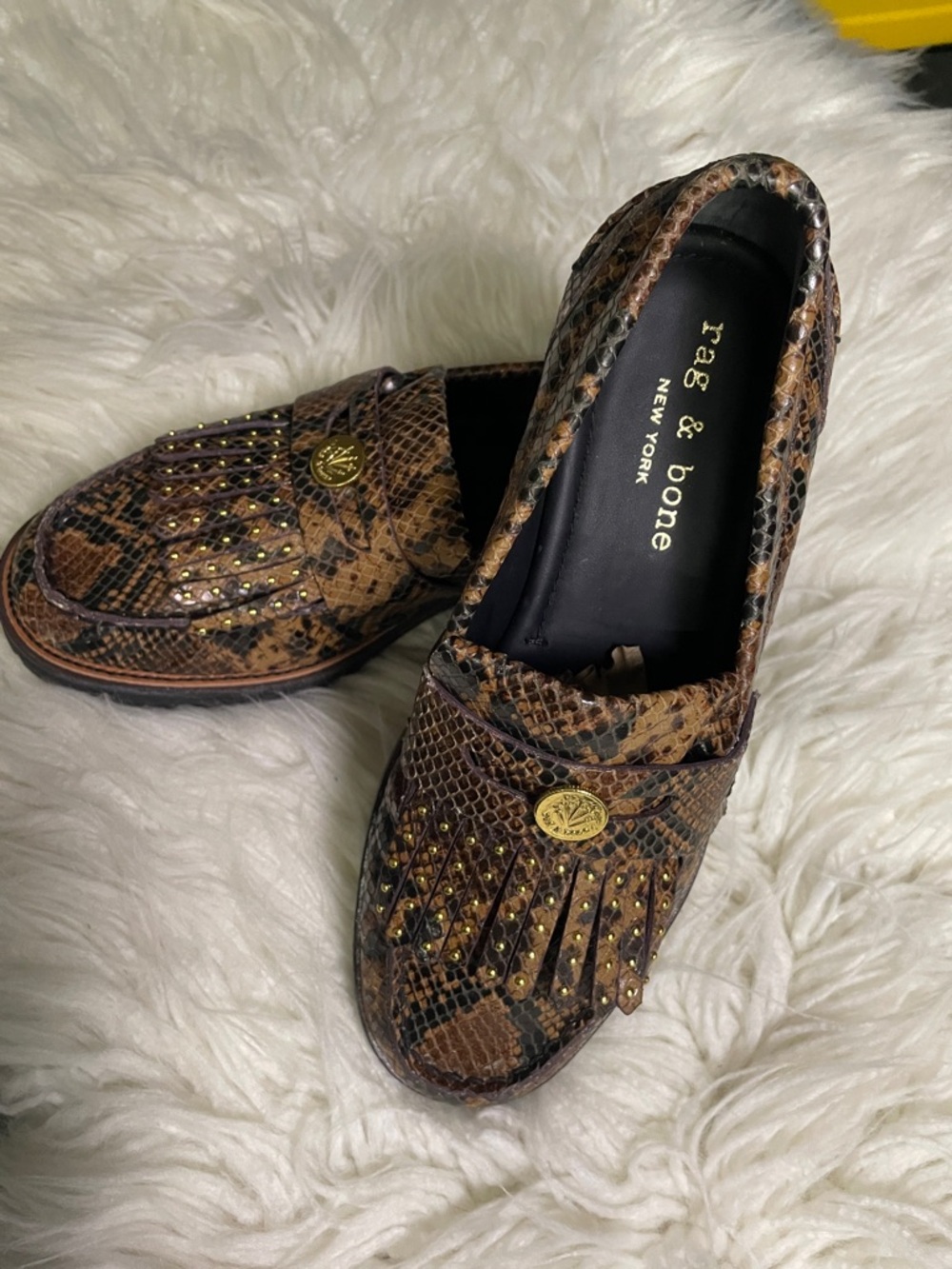 rag & bone Brown Snakeskin-Print Studded Loafers with Gold Accents